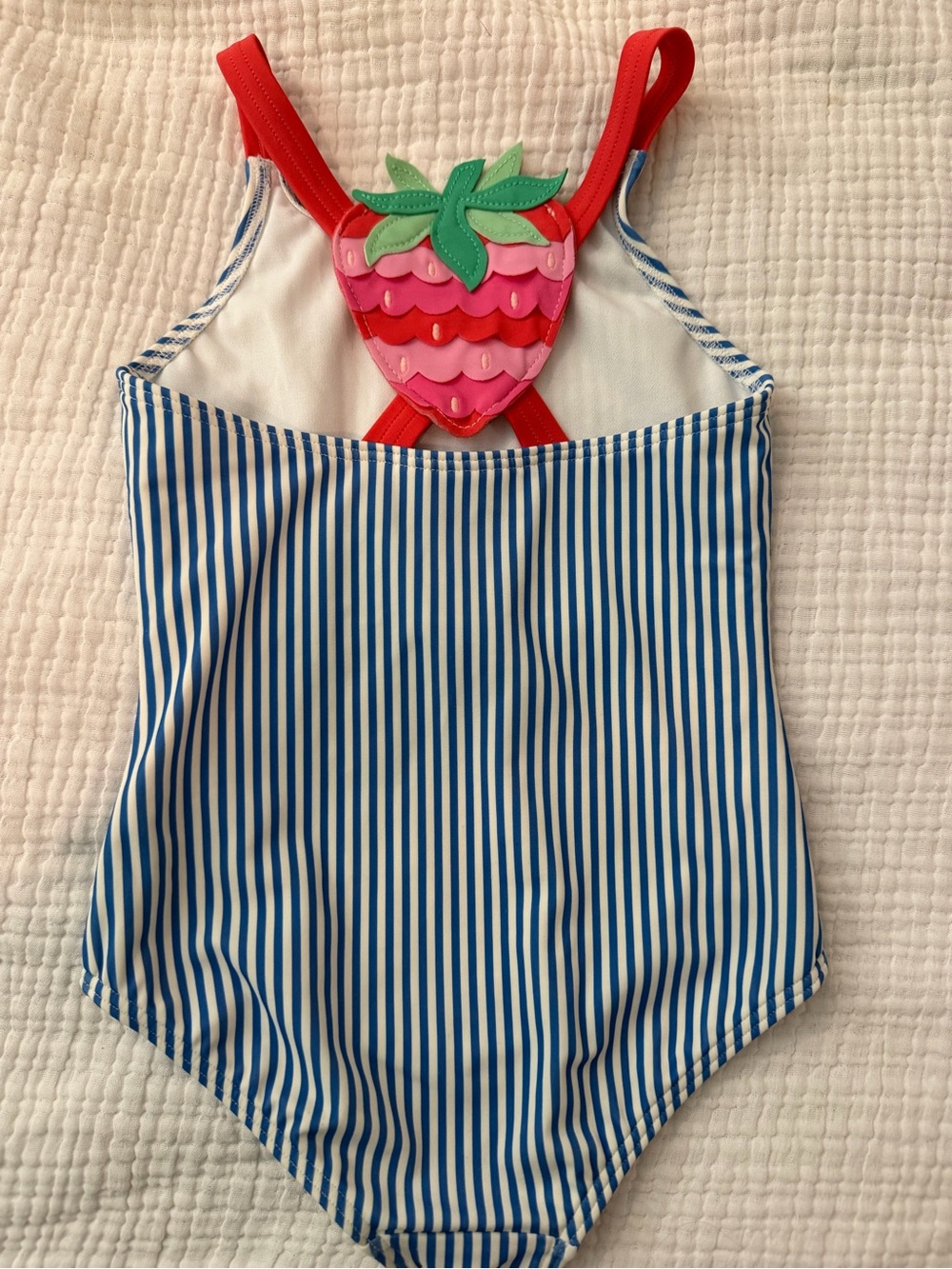 Striped Blue & White Girls One-Piece Swimsuit with Strawberry Accent